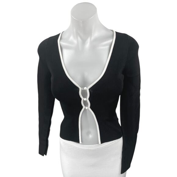 Express Black Rib Knit Long Sleeve V-Neck Button Crop Cardigan Sweater Top Sz XS - Picture 1 of 4